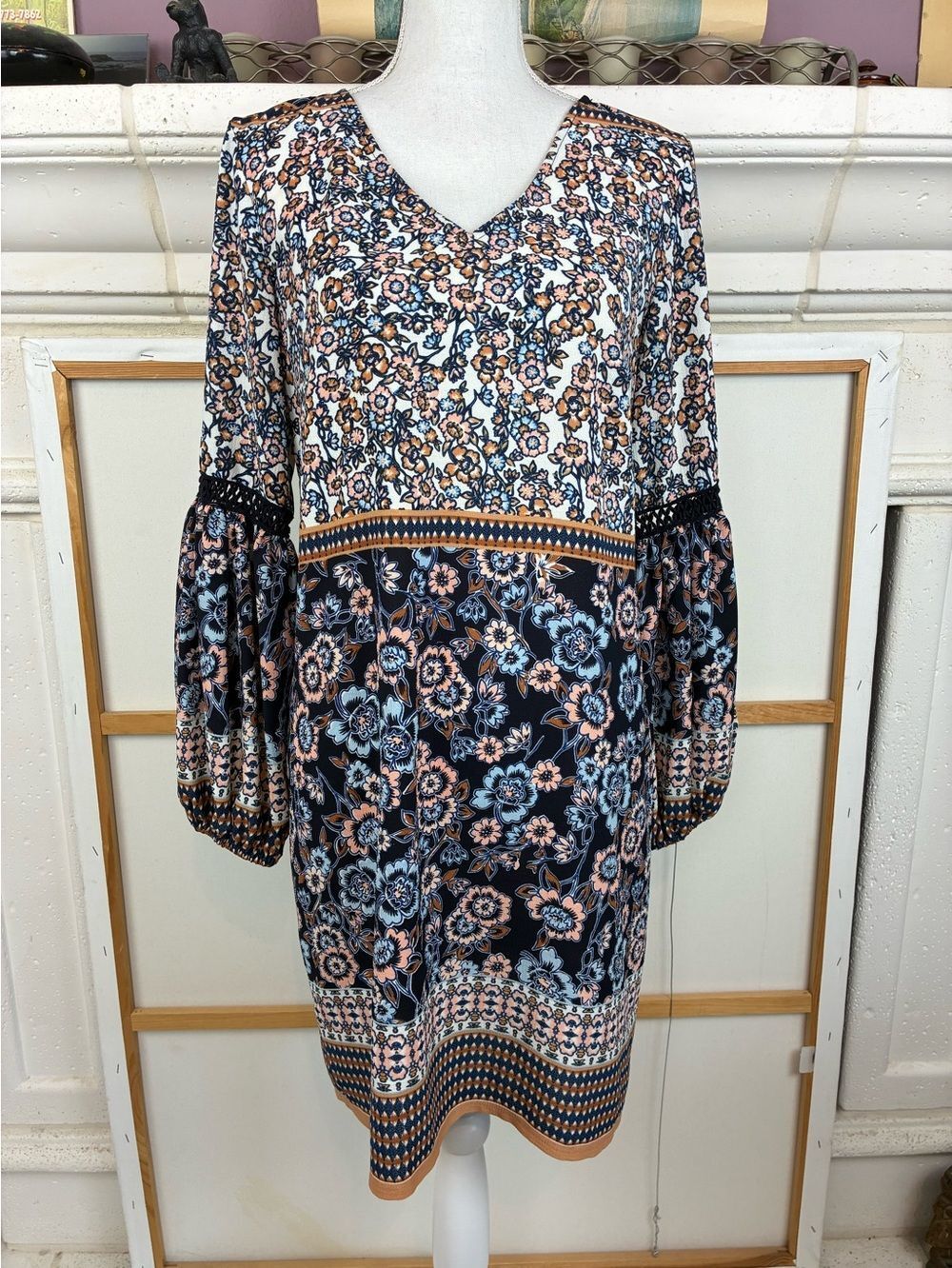 MSK Cottage-core Boho Floral Long-Sleeve V-Neck Dress w/ crochet inserts